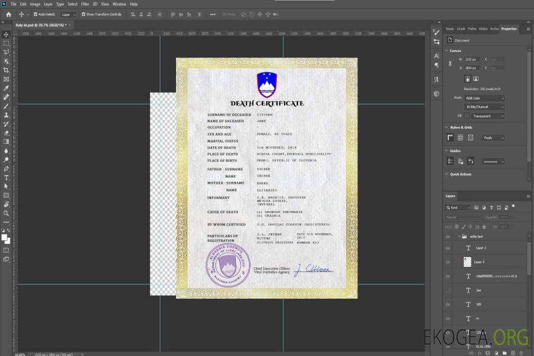 Modèle PSD de certificat de décès de Slovénie template Modèle PSD de certificat de décès de Slovénie template